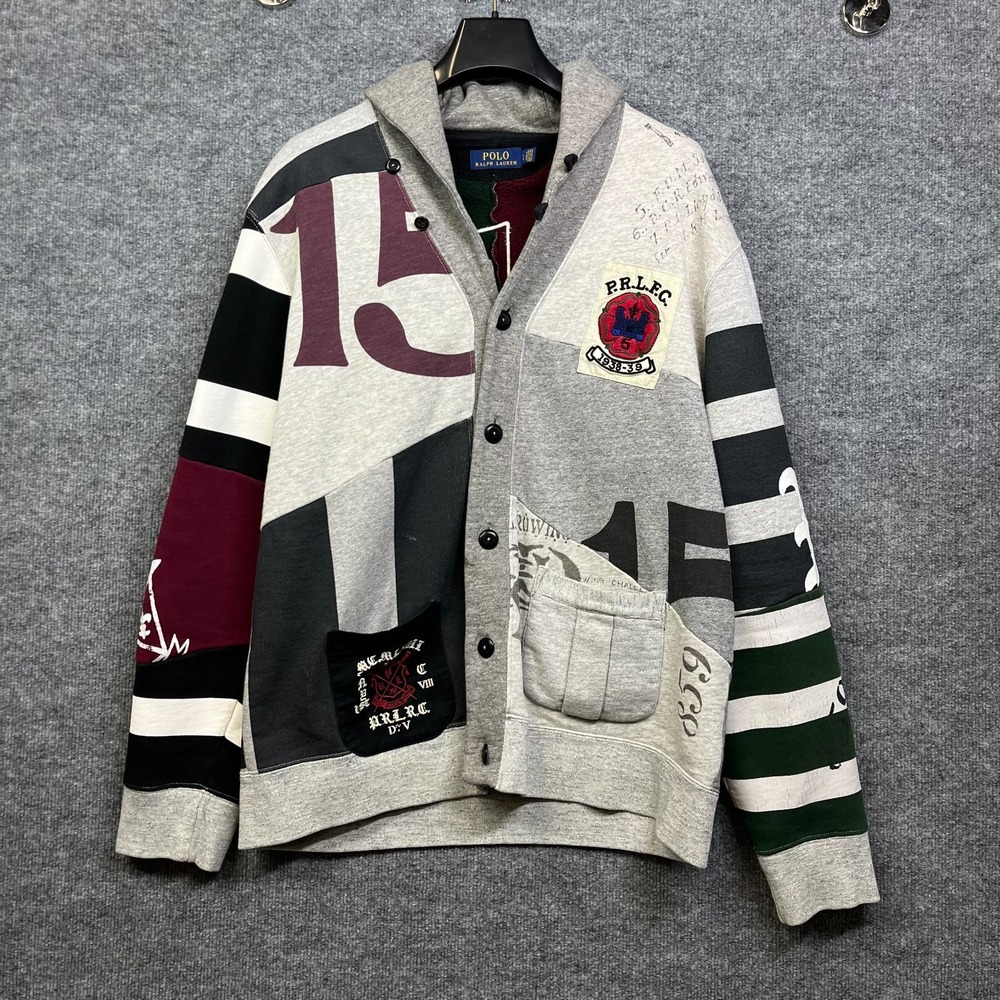 Polo Ralph Lauren Cardigan Sweatshirt Gray Patchwork Rowing Crest Varsity - L